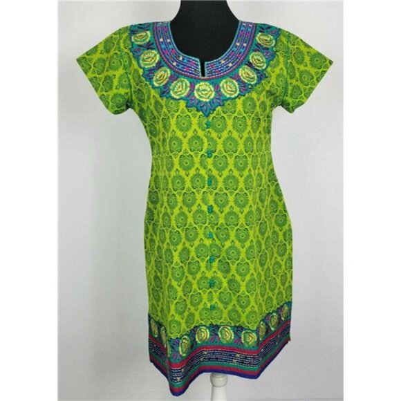 Green Boho Embroidered Tunic Dress Women XL Short Sleeve Split Neck - Picture 4 of 8